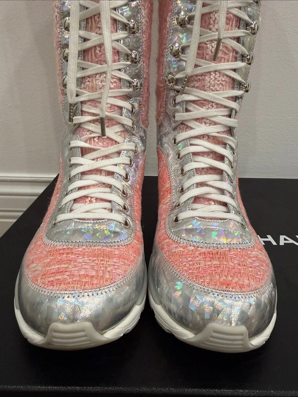 CHANEL Runway 2014 Paris Supermarket Pink Tweed Knee High Boots 37 Rare